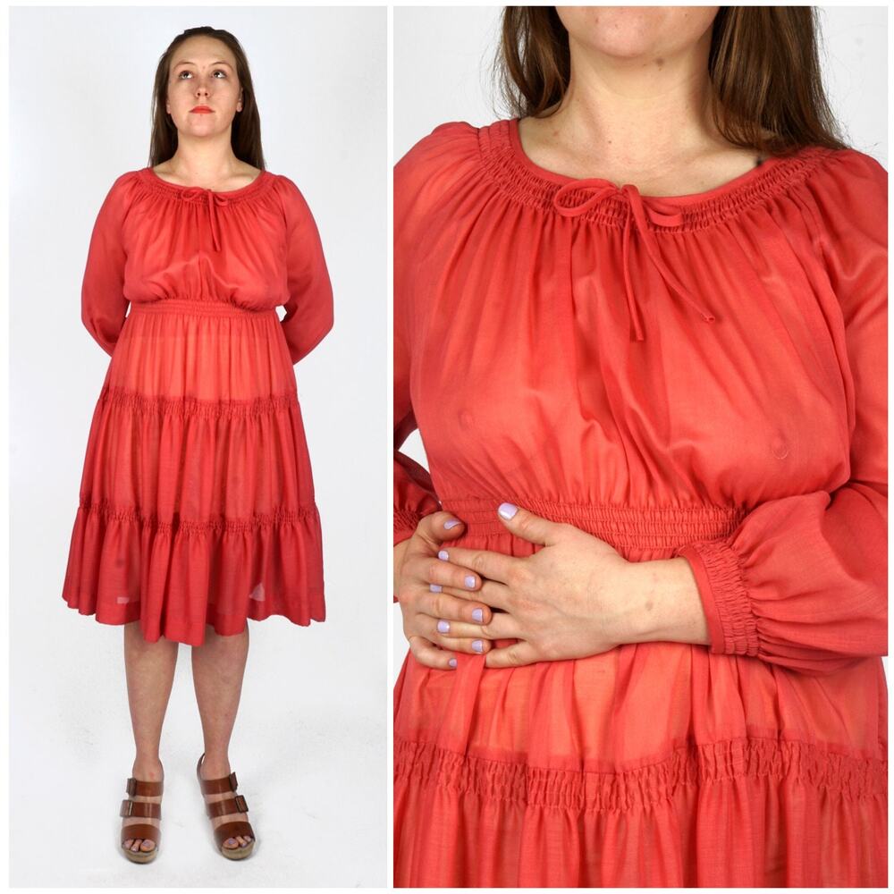 Vintage 1970s Sheer Gypsy Prairie Boho Chic Dress with Bishop Sleeves | M/L
